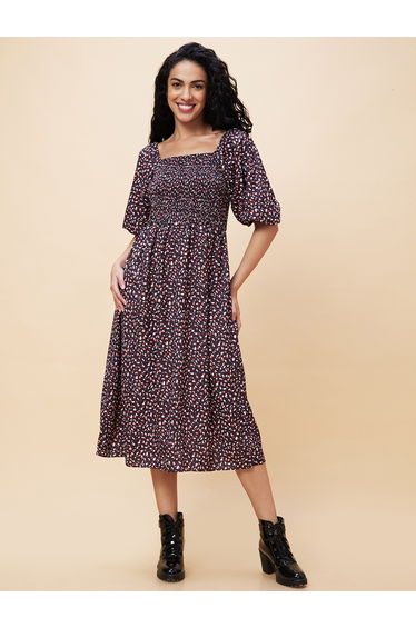 All-Over Print Square Neck Smocked Midi Dress