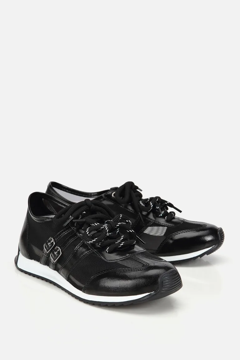Women's black metallic lace-up sneakers with tulle detail - 1