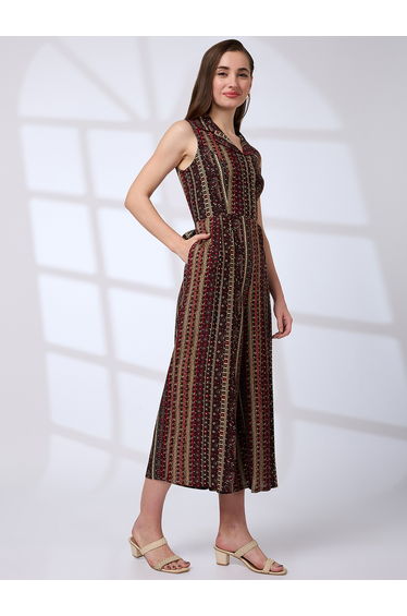 Women Lapel Collar Waist Tie-Up Fusion Jumpsuit