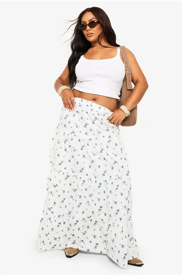 Plus Floral Poplin Tiered Maxi Skirt - white