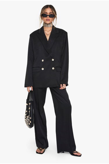 Woven Tailored Frayed Hem Wide Leg Trousers - black