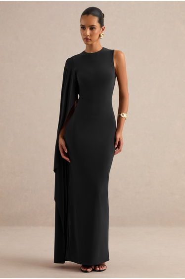 Maravelle | Black Round-Neck Maxi Dress With Cape Sleeve