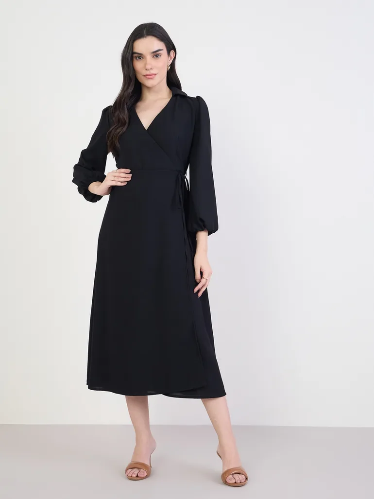 black balloon sleeve midi dress Beaded Lace Balloon Sleeve Black Midi Dress