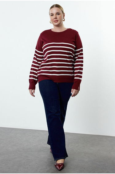Burgundy Striped Crew Neck Knitwear Sweater