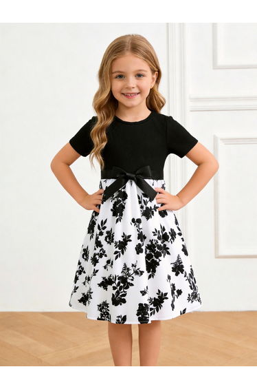 Girls Floral Print Bow Detail Dress