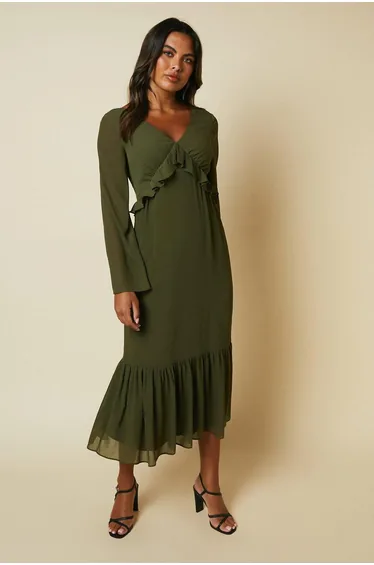 Debut London By Coast Kimono Sleeve Tiered Hem Georgette Midaxi Dress - olive