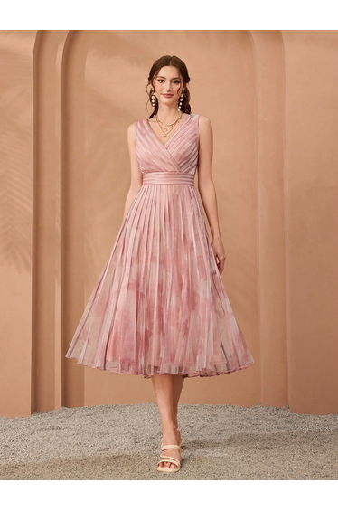 Leely V-Neck Pleated Floral Chiffon Midi Dress