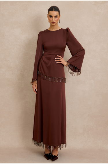 Satin Beaded Tassel Long Sleeve Maxi Dress