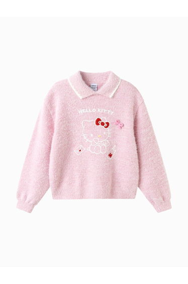 Girls' Fuzzy Polo Sweater with Cartoon Design