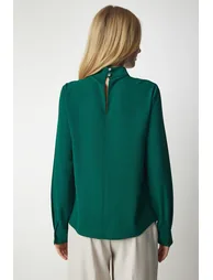 Women's Emerald Green Crepe Blouse with Window Detailed and Decollete - 3