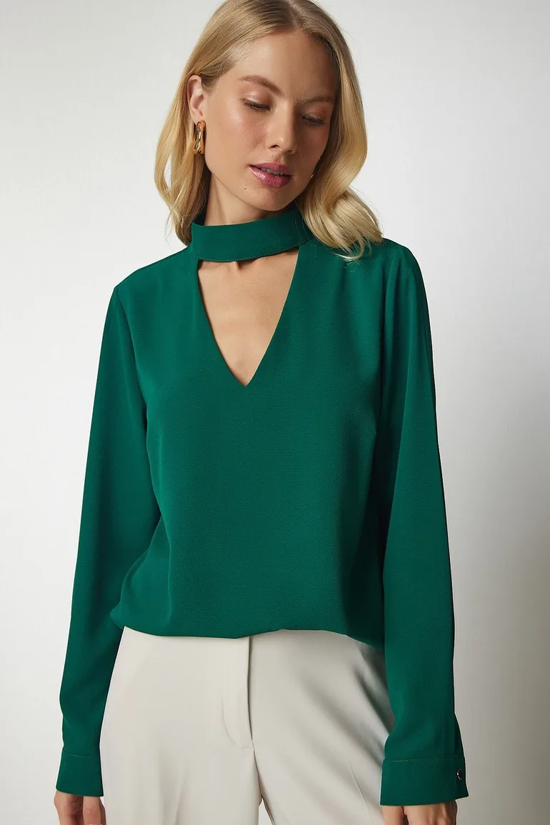 Women's Emerald Green Crepe Blouse with Window Detailed and Decollete