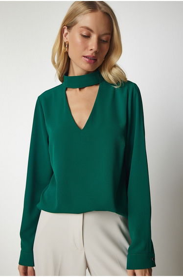 Women's Emerald Green Crepe Blouse with Window Detailed and Decollete