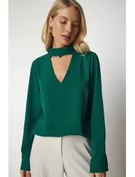 Women's Emerald Green Crepe Blouse with Window Detailed and Decollete