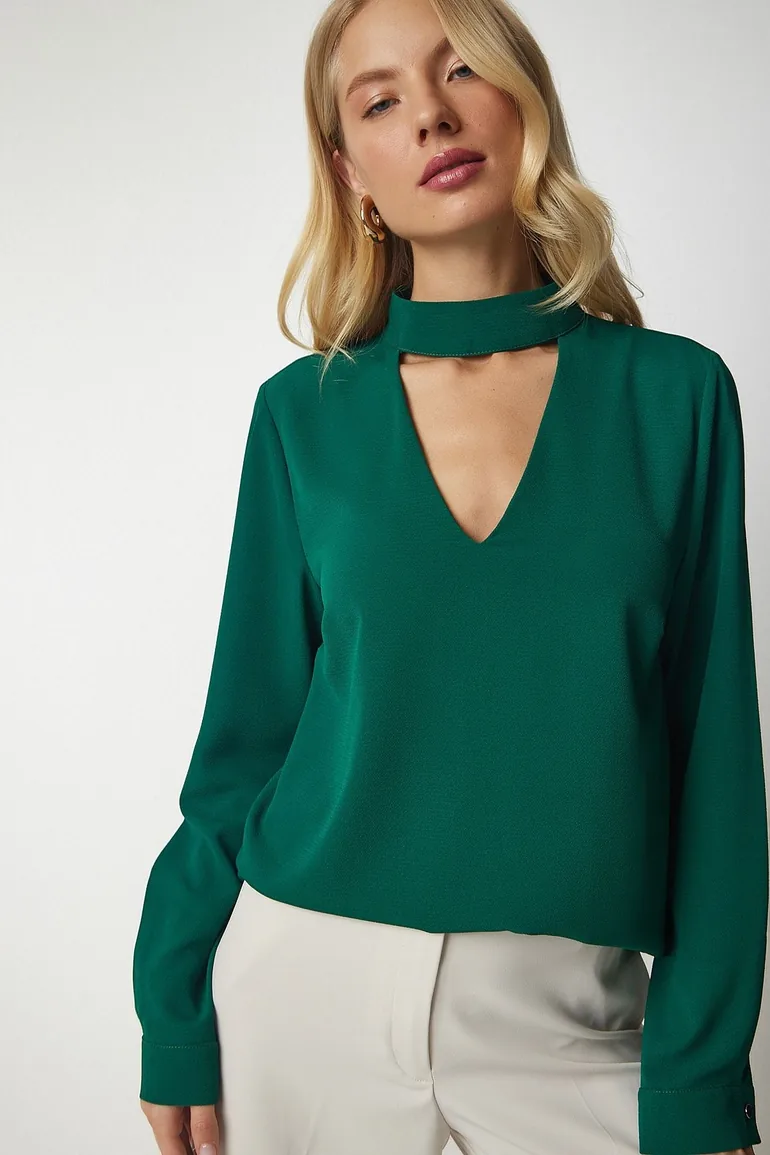 Women's Emerald Green Crepe Blouse with Window Detailed and Decollete - 1