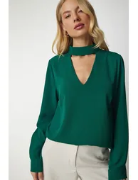 Women's Emerald Green Crepe Blouse with Window Detailed and Decollete - 1