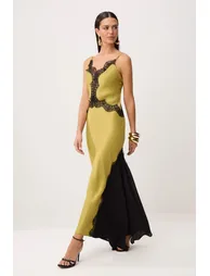 Oil Green Woven Satin Lace Maxi Dress