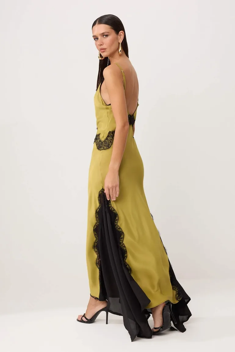 Oil Green Woven Satin Lace Maxi Dress - 1