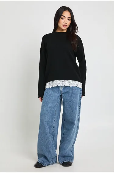 Lace Trim Knitted Jumper - black