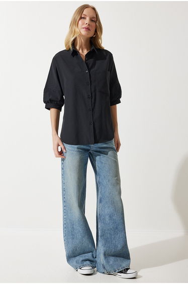Women's Black Balloon Sleeve Poplin Shirt