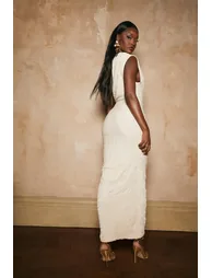 Slash Neck Textured Rib Midaxi Dress - cream - 2