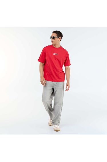 Short-sleeved T-shirt with front & back prints and embroidery RED