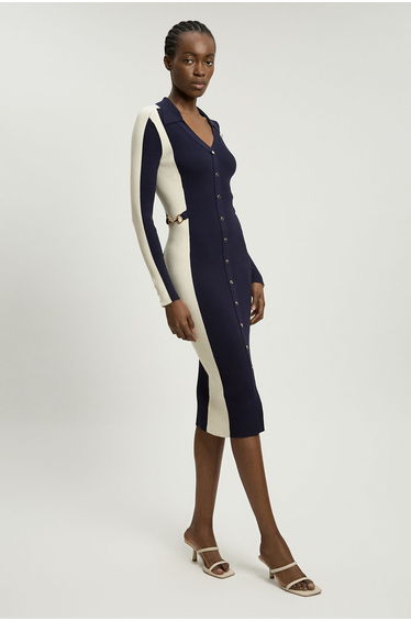 Viscose Rib Contrast Colour Button Knit Midi Dress