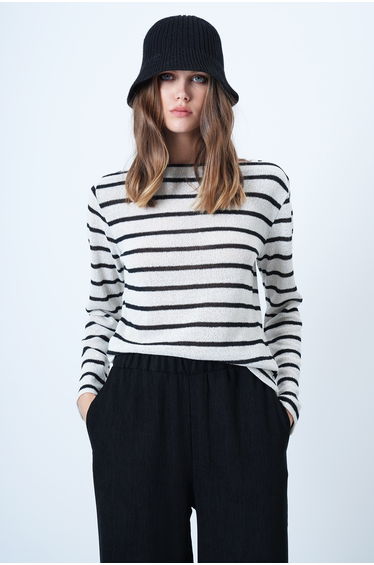 Women's Ecru-Black Boat Neck Striped Oversize Basic Blouse