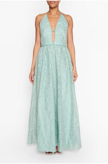 Matilda Dusty-Green Embroidery Plunge-Front Cross-Back Maxi-Dress