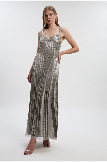 Beaded Contour Sweet Heart Neckline Woven Maxi Dress