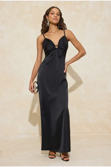 Black Plain Satin Strap V-Neck Maxi Evening & Prom Dress