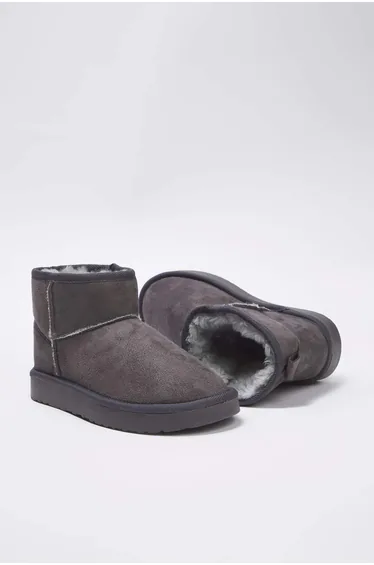 Grey Fur Lined Round Toe Flatform Heeled Women's Boots