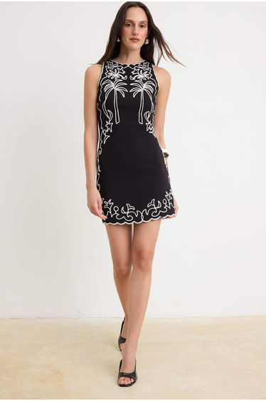 Black Embroidery Detailed Woven Dress