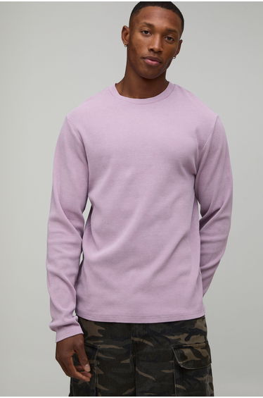Ribbed Slim Fit Acid Wash Long-Sleeve T-Shirt - pink