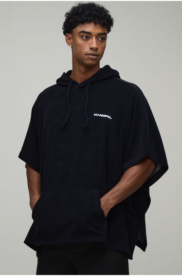 Oversized Towelling Hooded Beach Hoodie - black