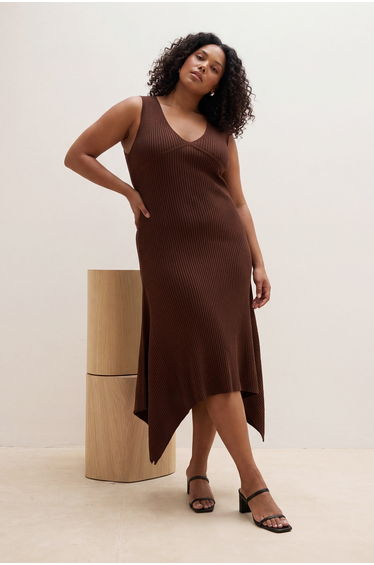 Brown V-Neck Corded Fabric Thin Knitwear Dress with Handkerchief Skirt