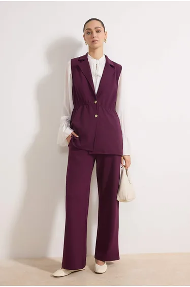 Plum Regular Interlock Plain Knitted Button Detailed Hijab Bottom - Top Set