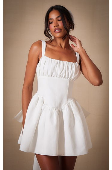 Premium White Woven Bow Detail Mini Dress