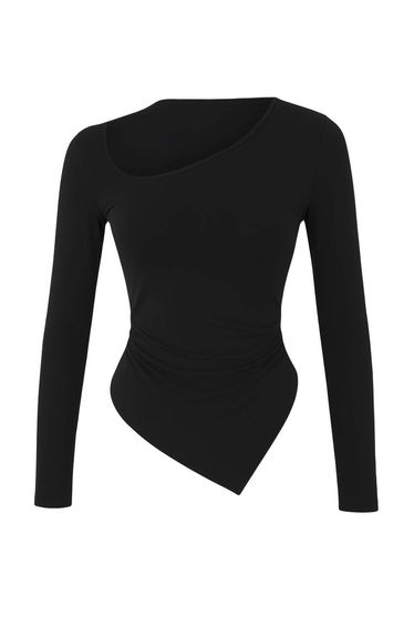 Black Asymmetrical Collar Detailed Body-Fitting Flexible Knitted Blouse