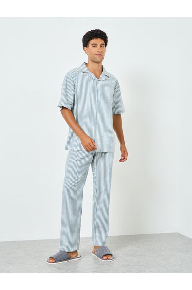 Men Striped Short Sleeves Relaxed Shirt and Pyjama Set