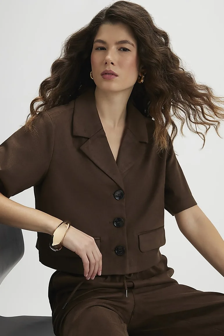 Brown Faux Suede Short Sleeve Shirt