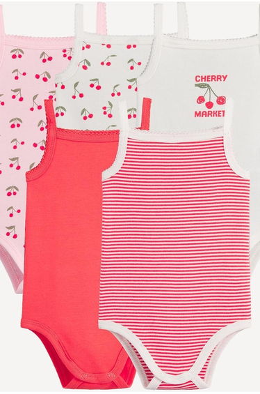 Pack of 5 Striped/Cherry Print Shoestring Strap Bodysuits