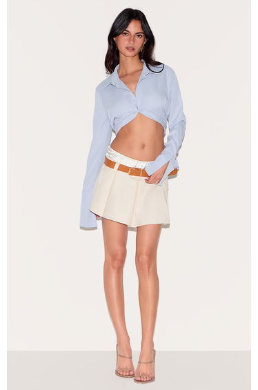 Cream Double Waistband Belted Tailored Mini Skirt