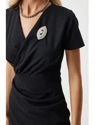 Women's Black Brooch Wrap Collar Mini Woven Dress - 3
