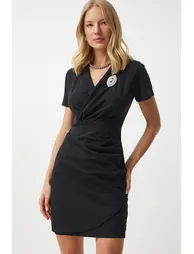 Women's Black Brooch Wrap Collar Mini Woven Dress - 4