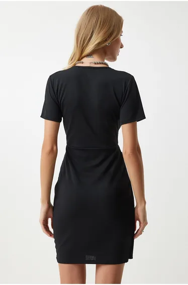 Women's Black Brooch Wrap Collar Mini Woven Dress