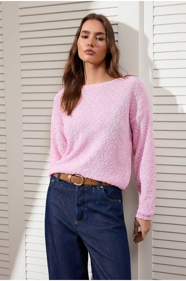 Pink Textured Boat Neck Knitwear Sweater