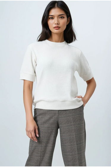 Women's Ecru Crew Neck Short Sleeve Knitted Blouse