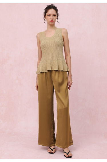 Satin Finish Pull-On Pants in Tan