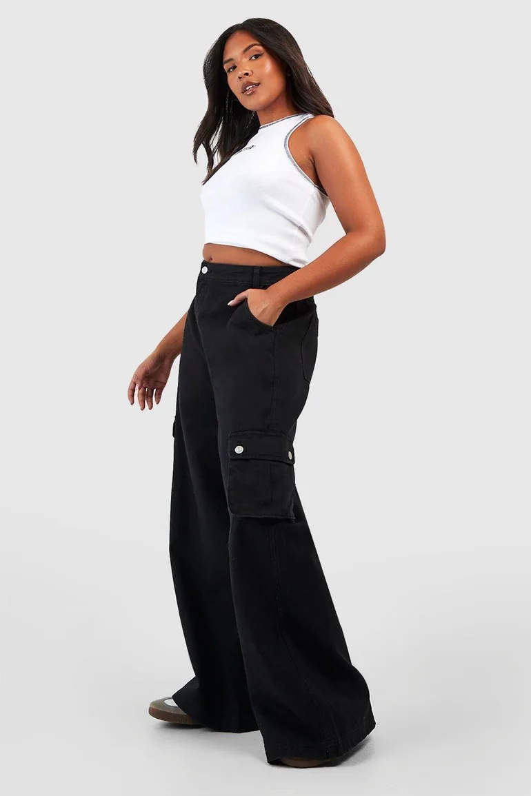 Plus Denim Pocket Wide Leg Jean - black - 2