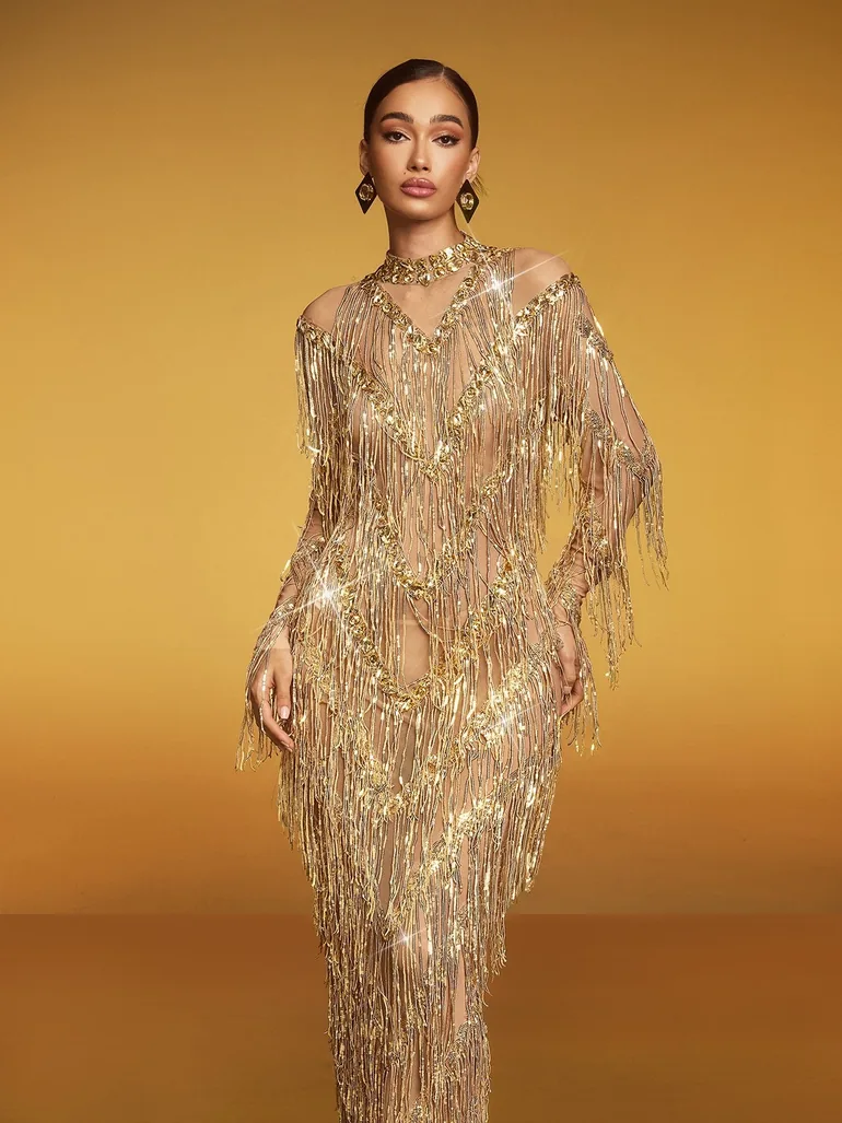 slim fit dress slacks SPARKLE AND SHINE RHINESTONE FRINGE MINI DRESS  AKIRA
